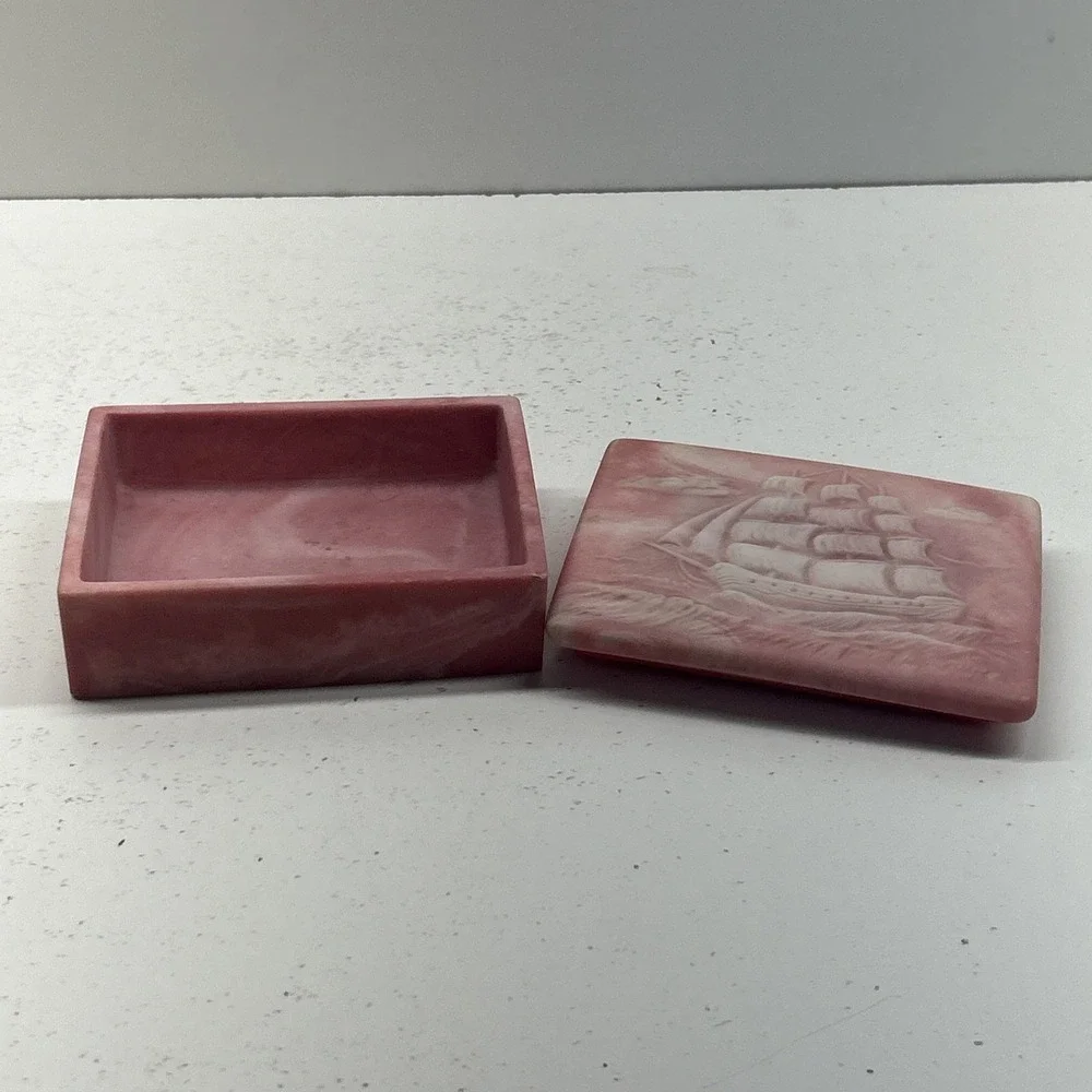 Vintage Pink Soapstone Trinket Box Rectangular Sailing Ship Relief‎